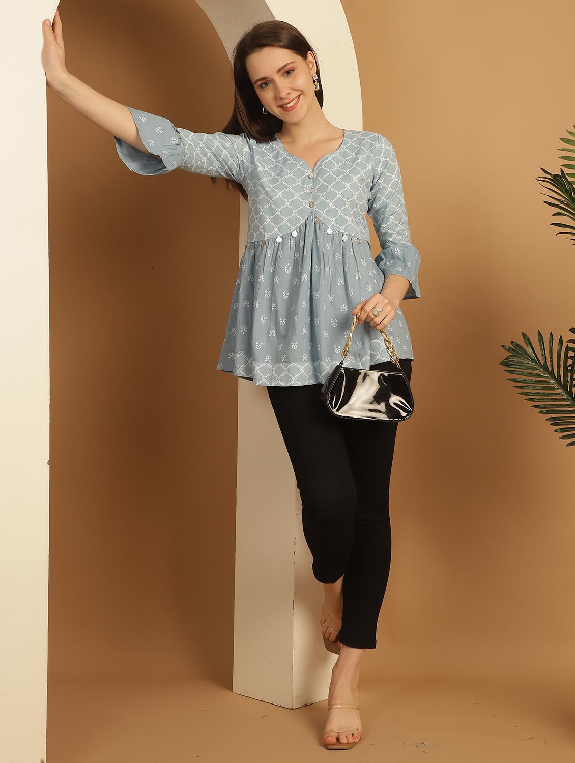 women printed bell sleeves peplum top - 21600638 - Standard Image - 3