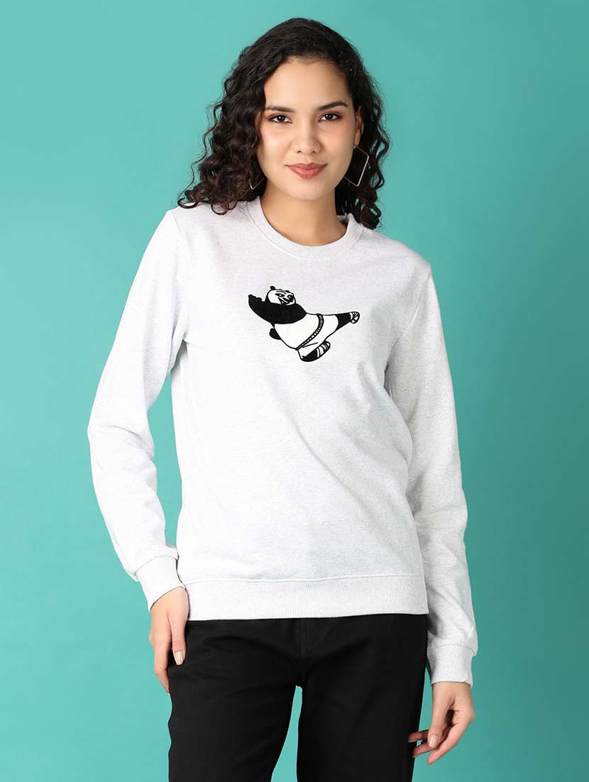 women grey melange front print sweatshirt