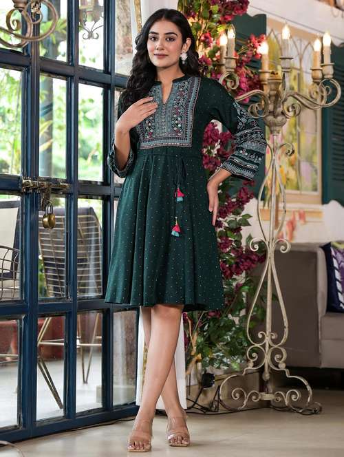 women green printed flared ethnic dress - 21601064 -  Standard Image - 0