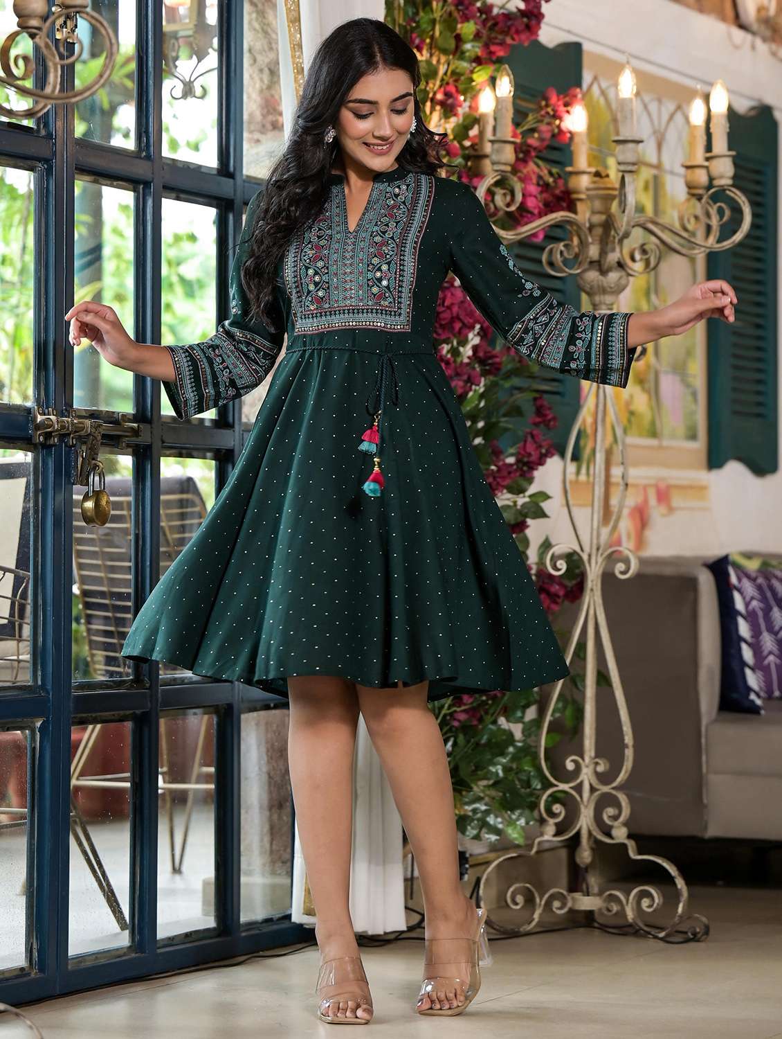 women green printed flared ethnic dress - 21601064 -  Standard Image - 3