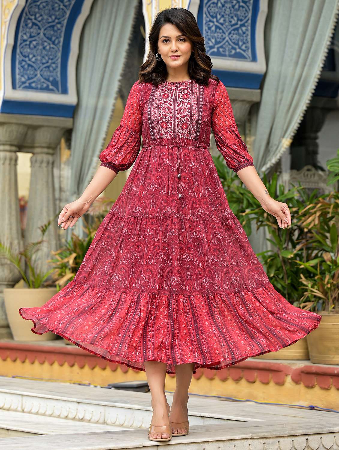 women rust printed tiered ethnic dress