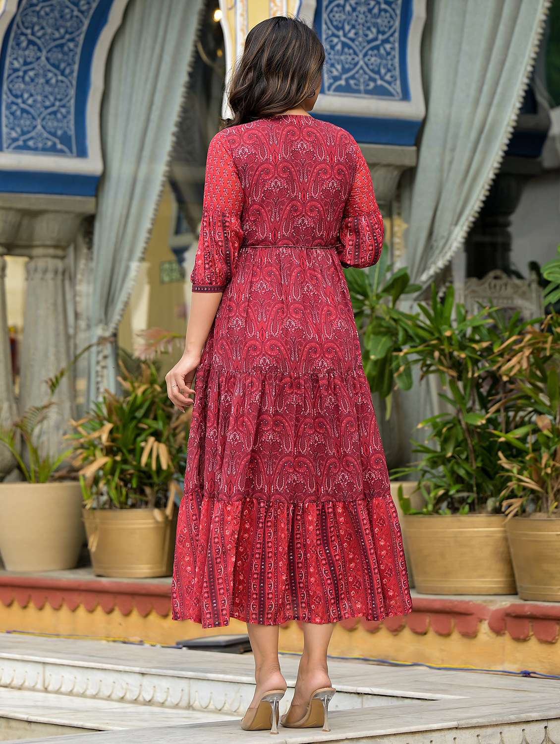 women rust printed tiered ethnic dress - 21601070 -  Standard Image - 3