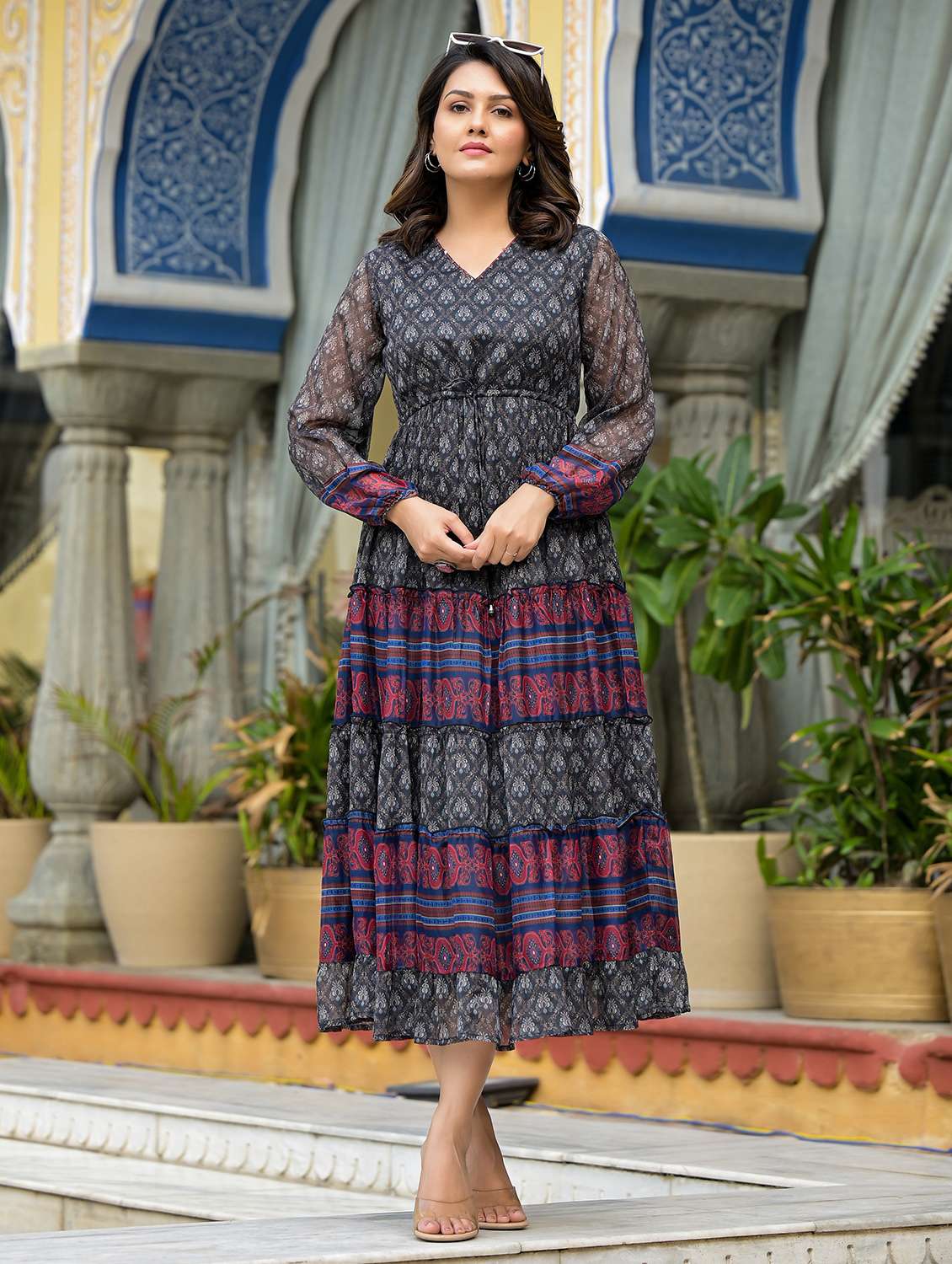 women black printed tiered ethnic dress
