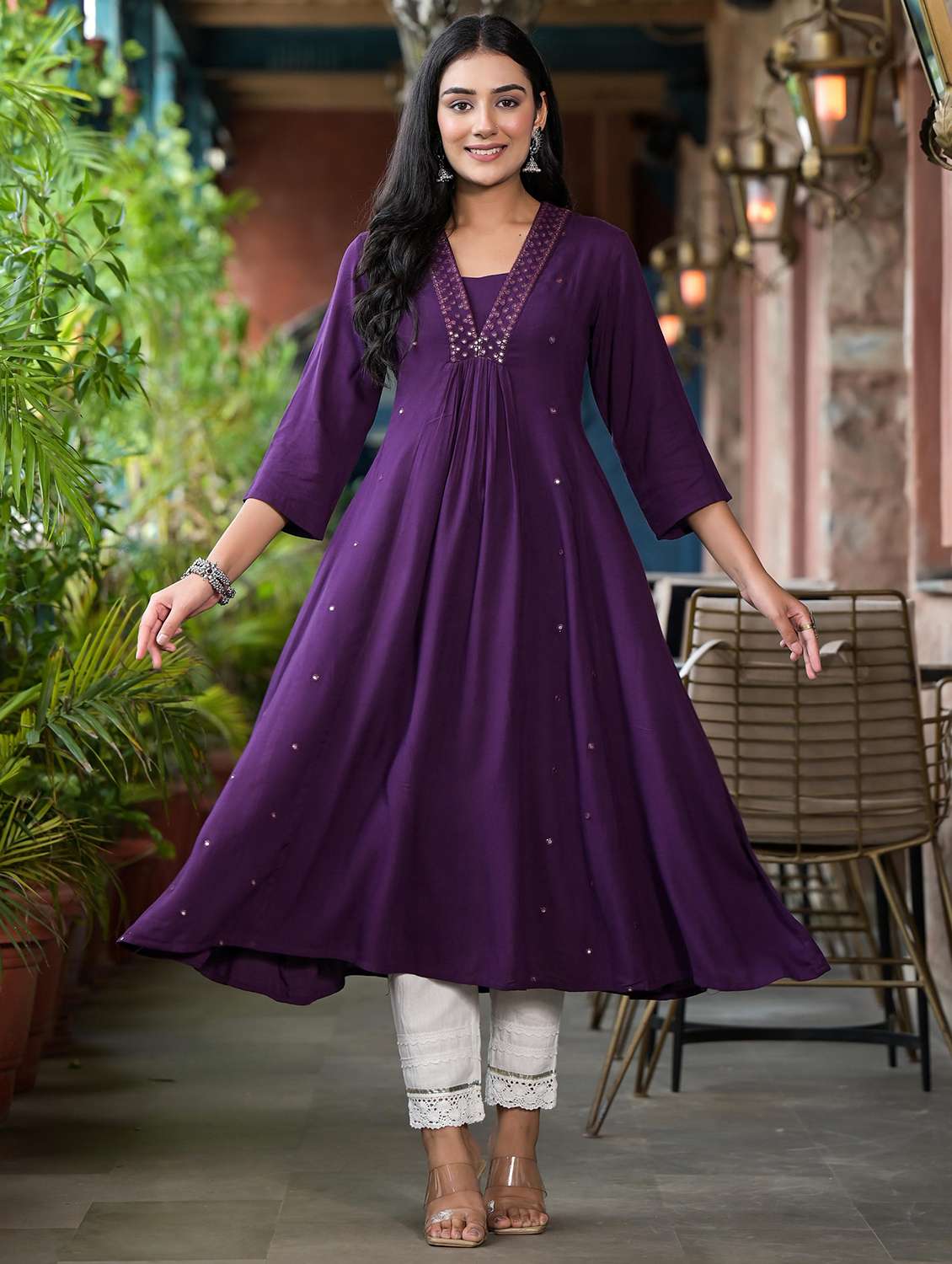 women mirror work three quarter sleeves a-line kurta