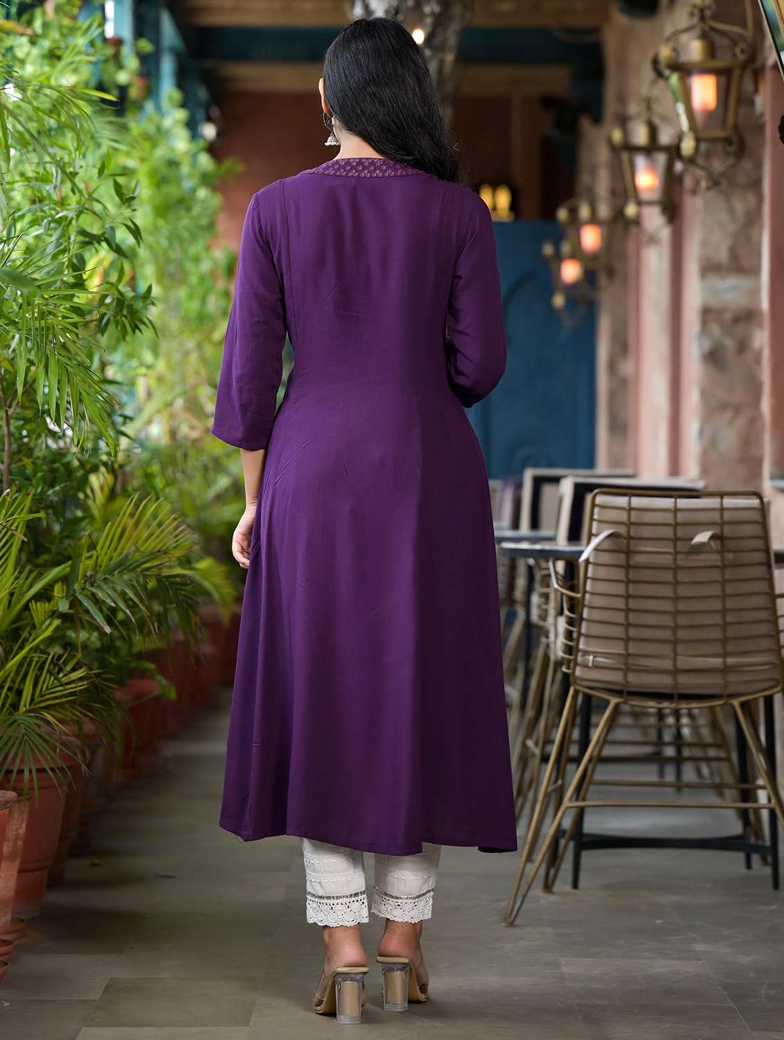 women mirror work three quarter sleeves a-line kurta - 21606780 -  Standard Image - 3