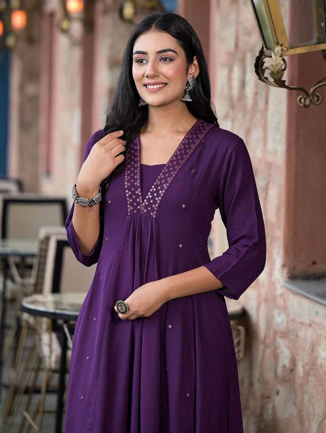 women mirror work three quarter sleeves a-line kurta - 21606780 -  Standard Image - 5