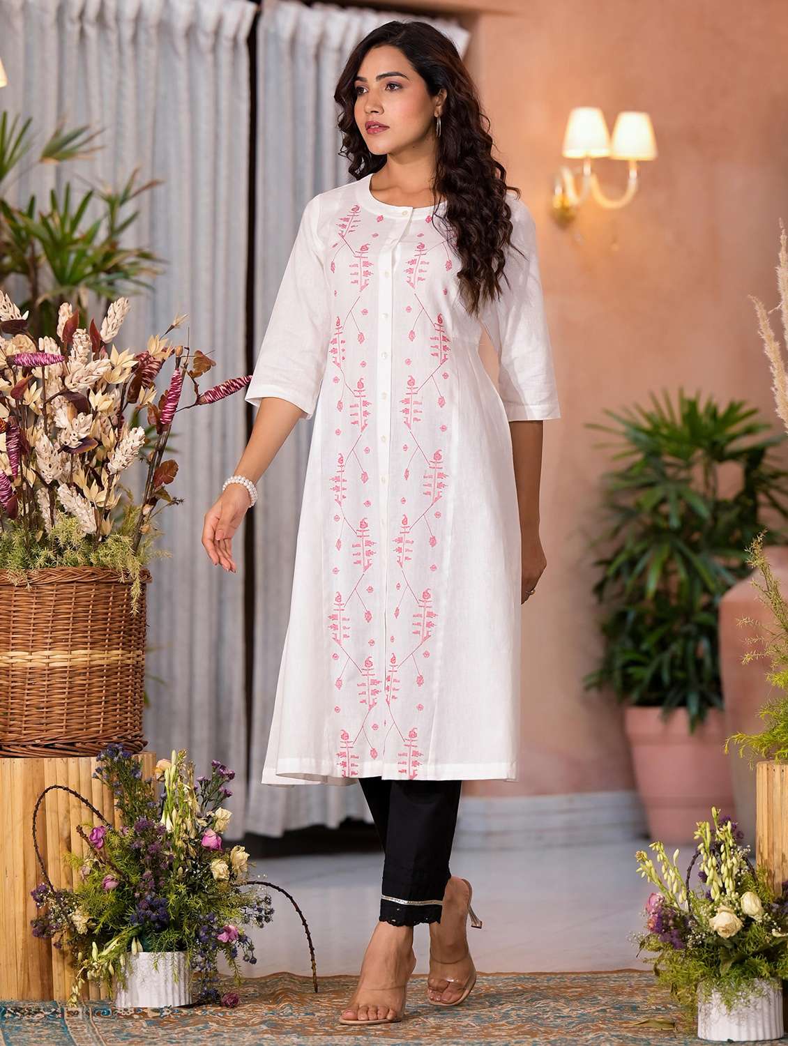 women printed three quarter sleeves a-line kurta - 21606786 -  Standard Image - 3