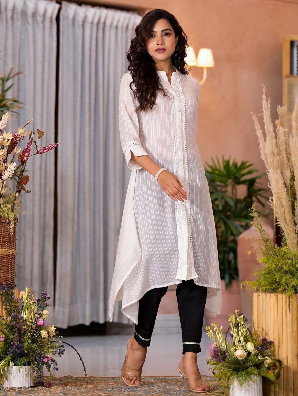 women striped three quarter sleeves asymmetric kurta - 21606788 -  Standard Image - 3