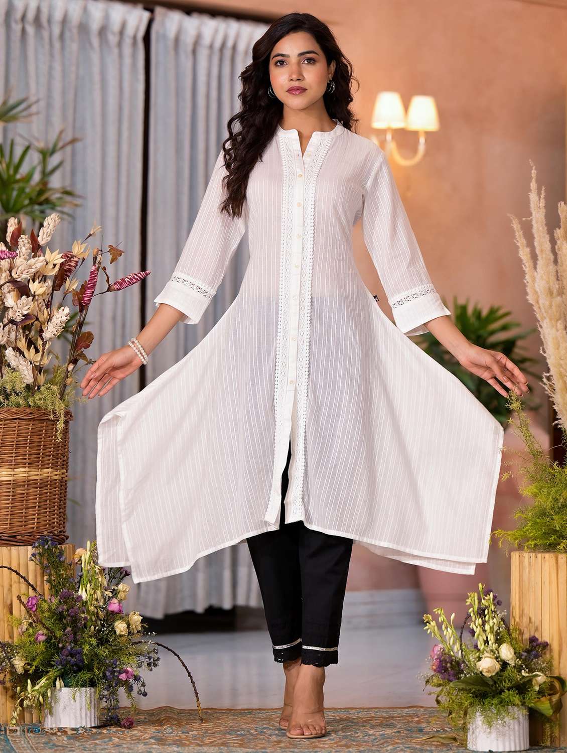 women striped three quarter sleeves asymmetric kurta - 21606788 -  Standard Image - 5