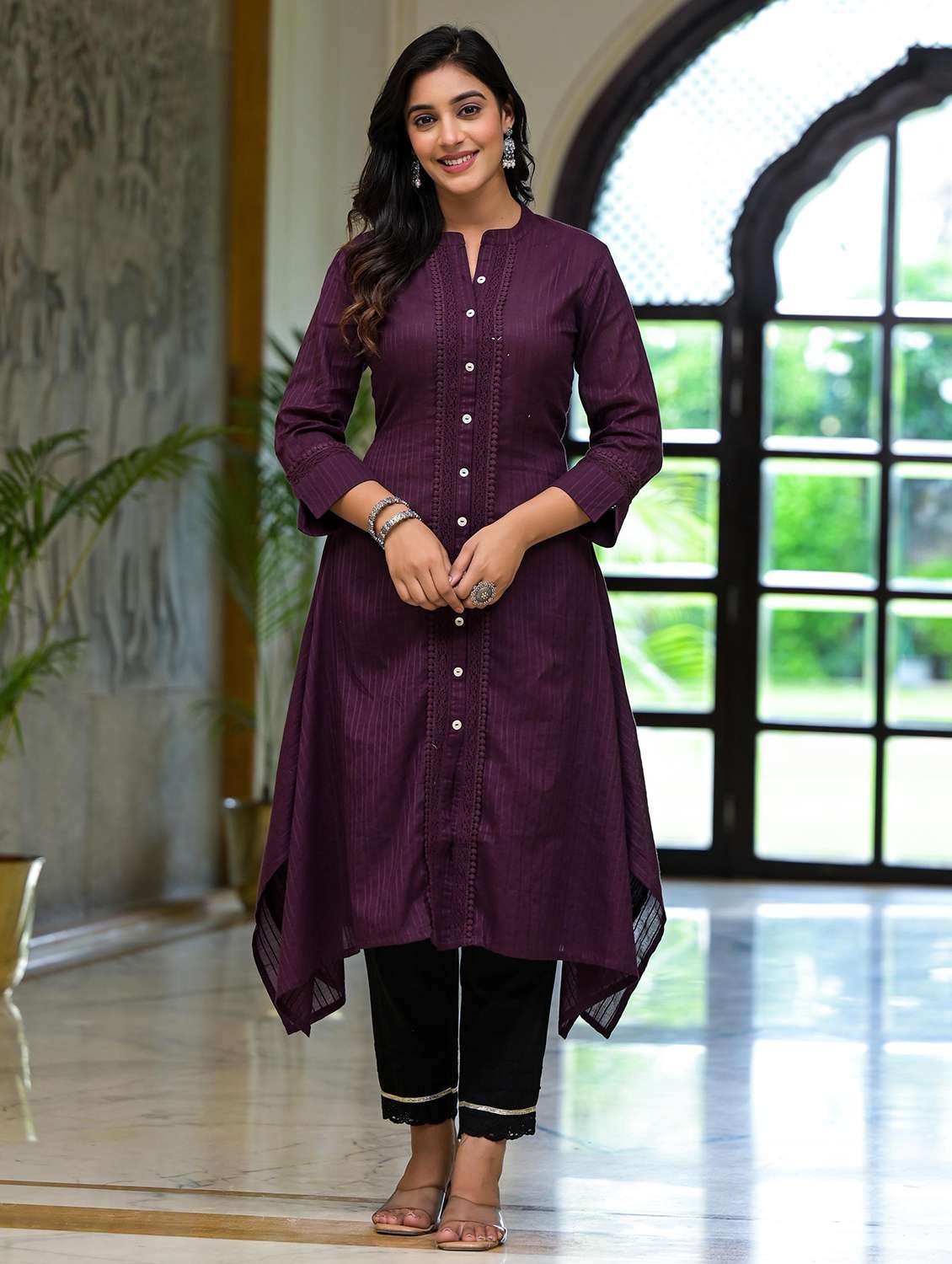 women striped three quarter sleeves asymmetric kurta - 21606789 -  Zoom Image - 0
