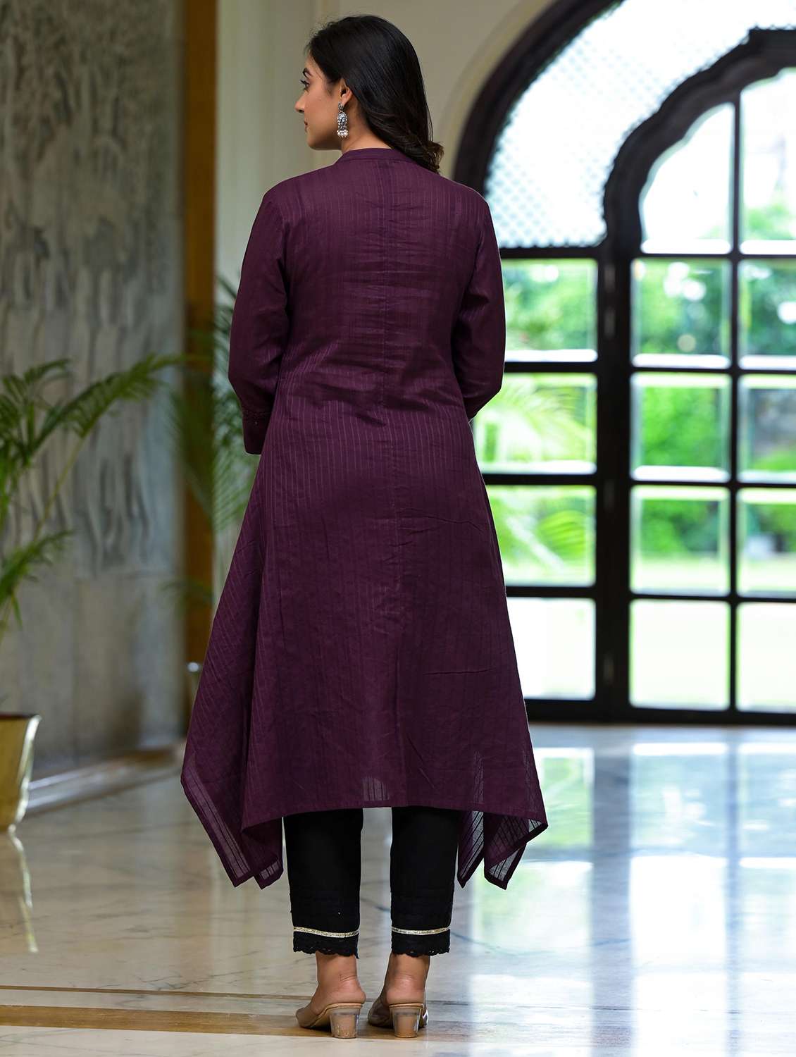 women striped three quarter sleeves asymmetric kurta - 21606789 -  Standard Image - 3