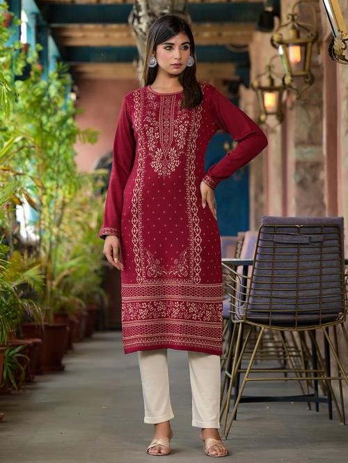 women self design long sleeves straight kurta - 21606796 -  Standard Image - 0