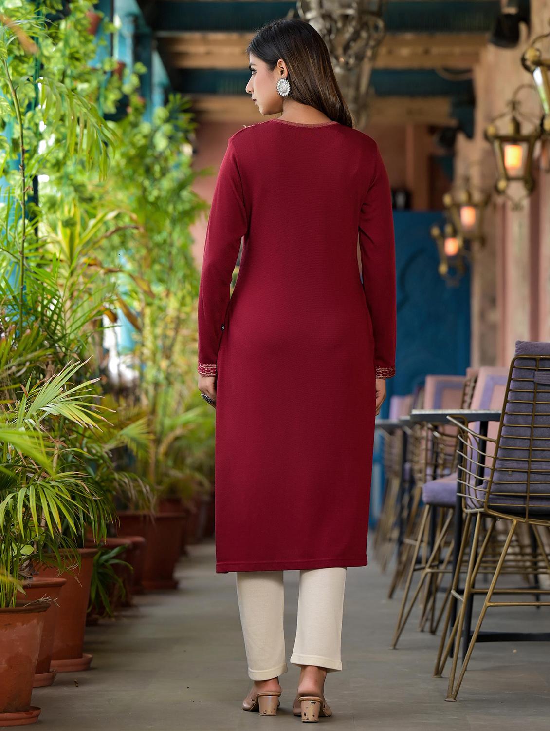 women self design long sleeves straight kurta - 21606796 - Standard Image - 3