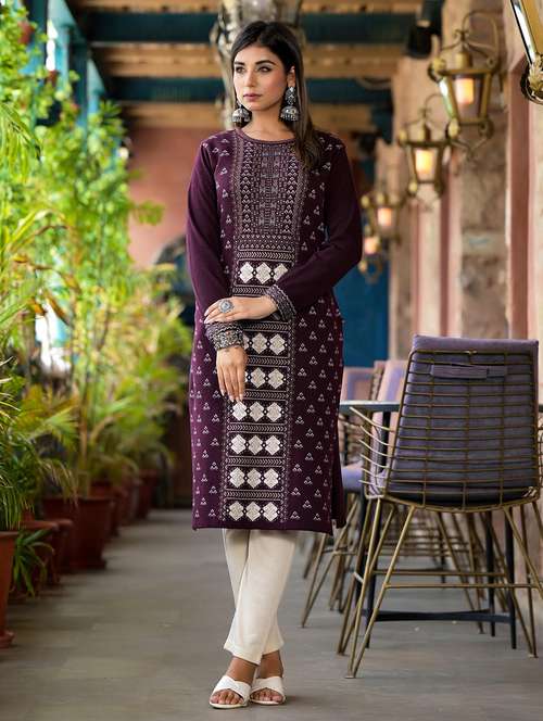women self design long sleeves straight kurta - 21606798 - Standard Image - 0