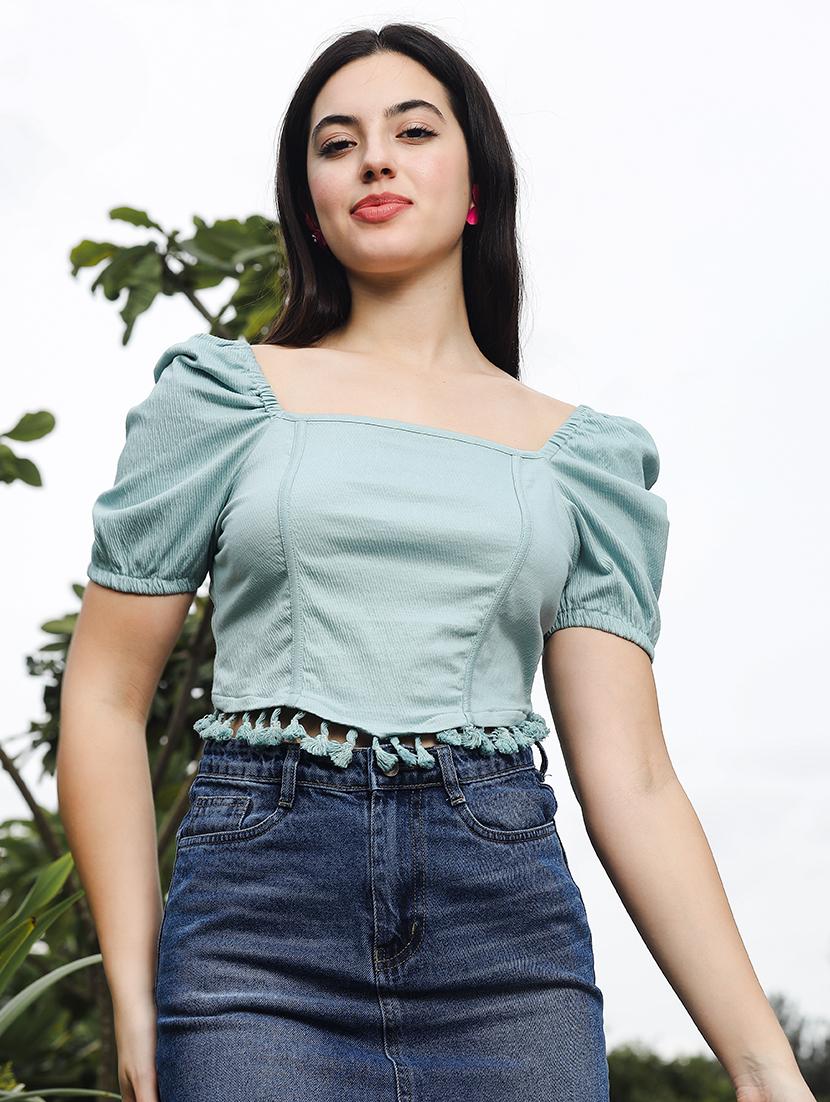 women sea green solid crop top - 21606819 - Zoom Image - 0