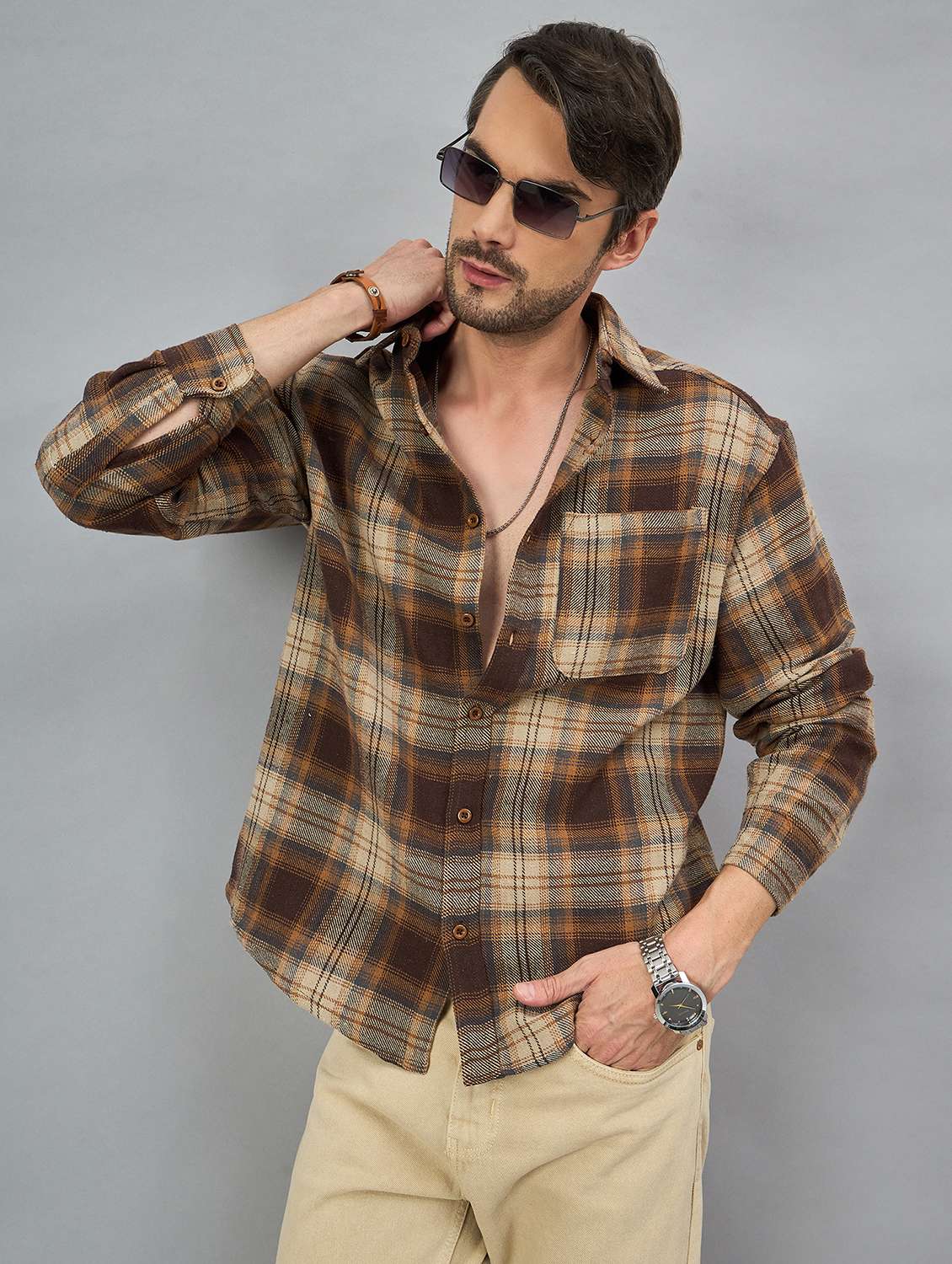 men checkered long sleeves ocersized casual shirt - 21606830 - Zoom Image - 0