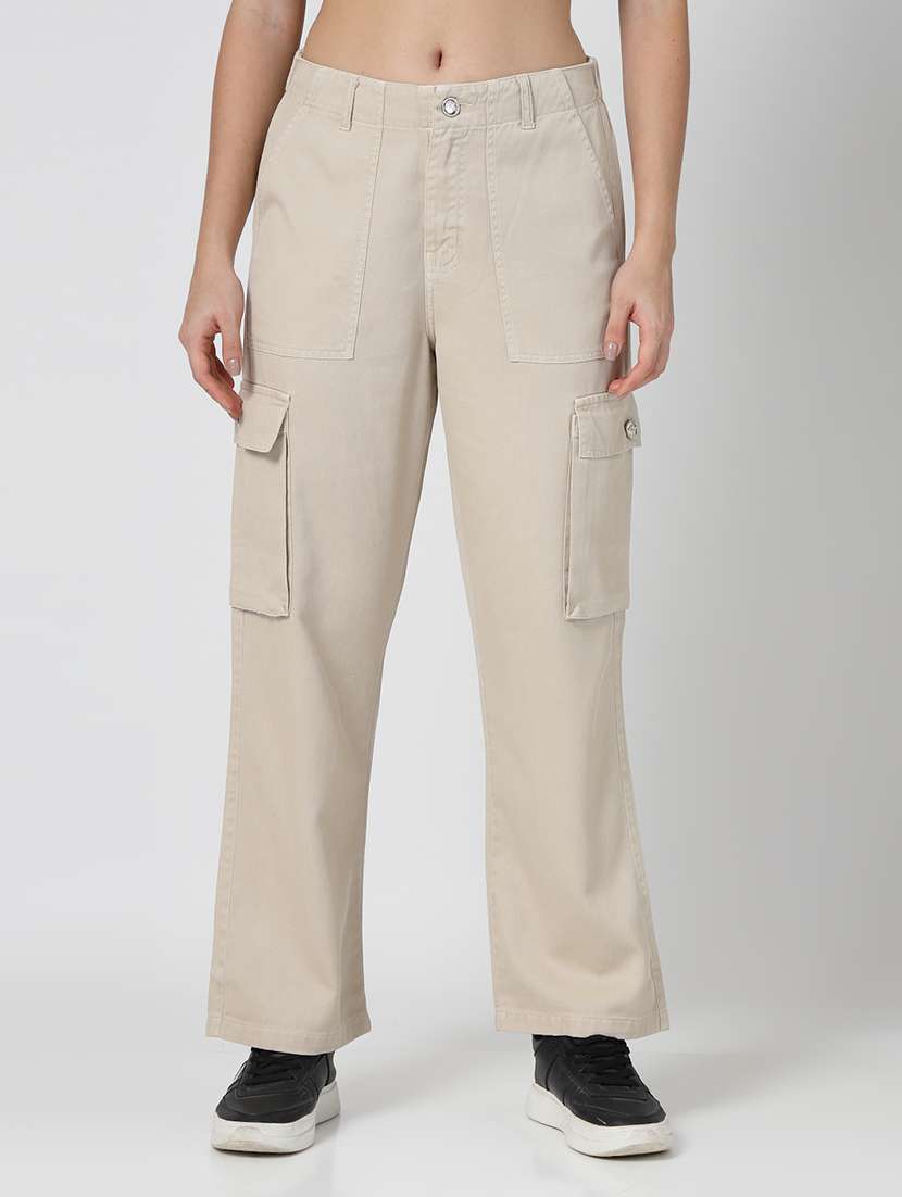 women beige solid cargo