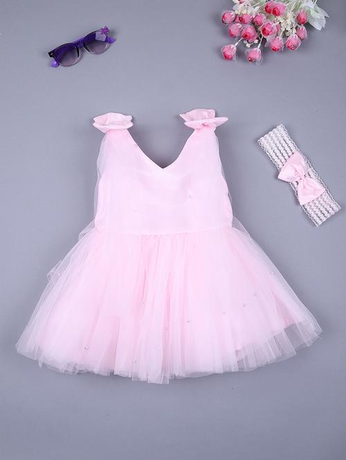 girls v-neck flare net frock - 21607028 - Standard Image - 0