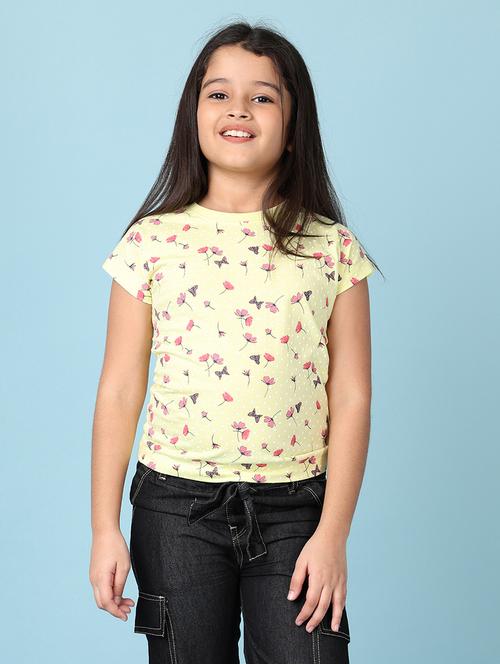 girls yellow foral printed round neck tee - 21607046 -  Standard Image - 0