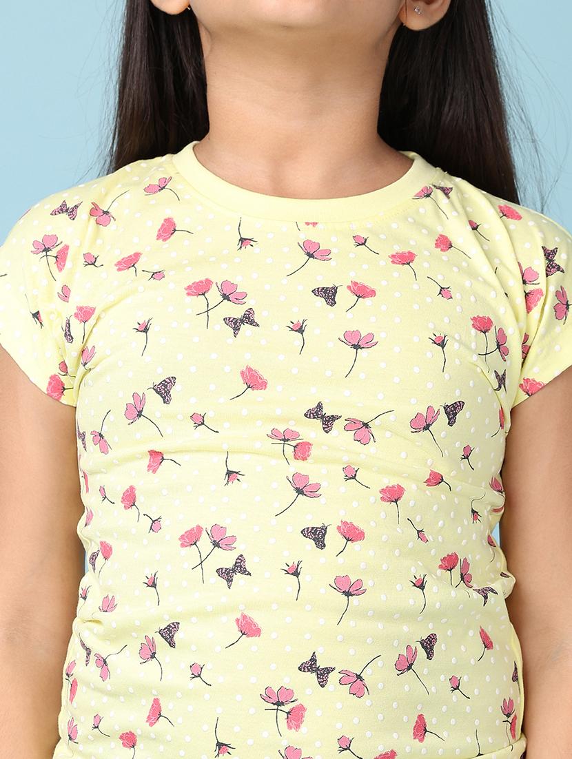 girls yellow foral printed round neck tee - 21607046 - Standard Image - 5