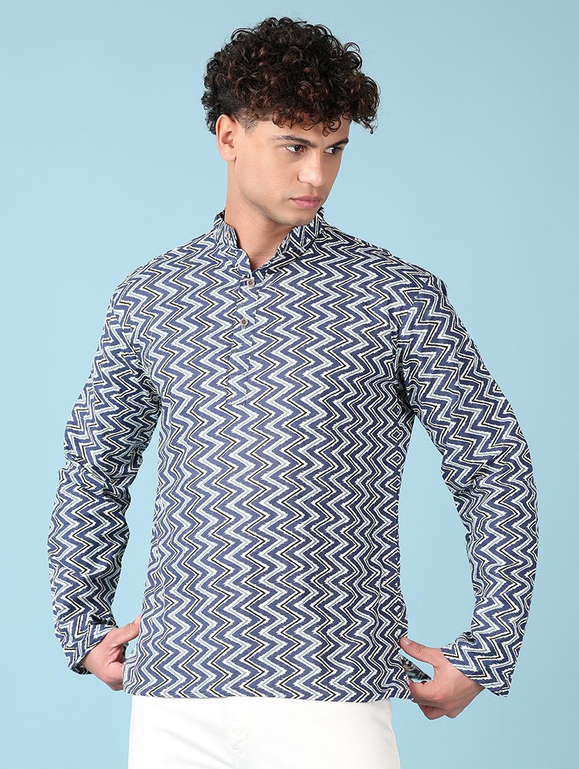men mandarin neck printed short kurta - 21607693 -  Zoom Image - 0