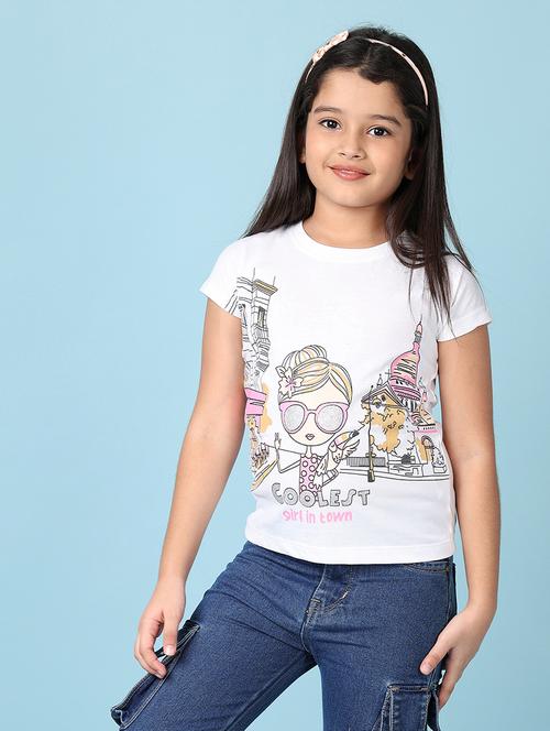 girls printed round neck cotton tee - 21607930 - Standard Image - 0