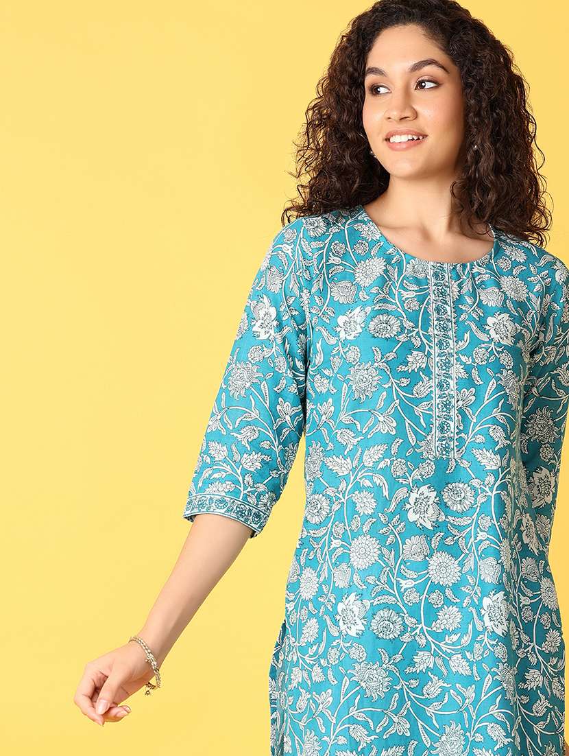 women floral printed three quarter sleeve straight kurta - 21608236 -  Standard Image - 3