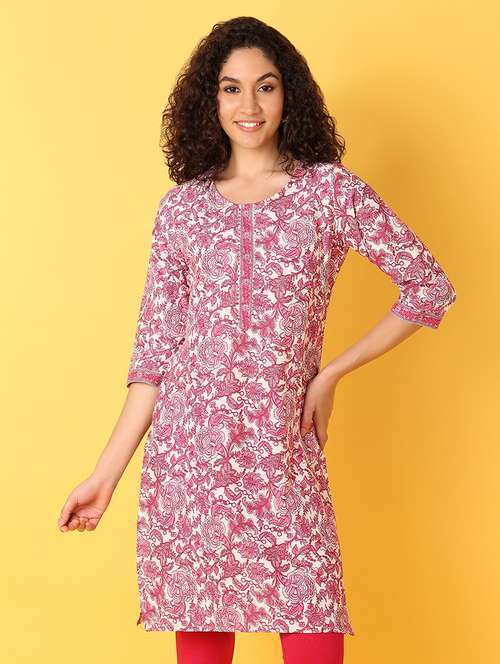 women floral printed three quarter sleeve straight kurta - 21608238 - Standard Image - 0