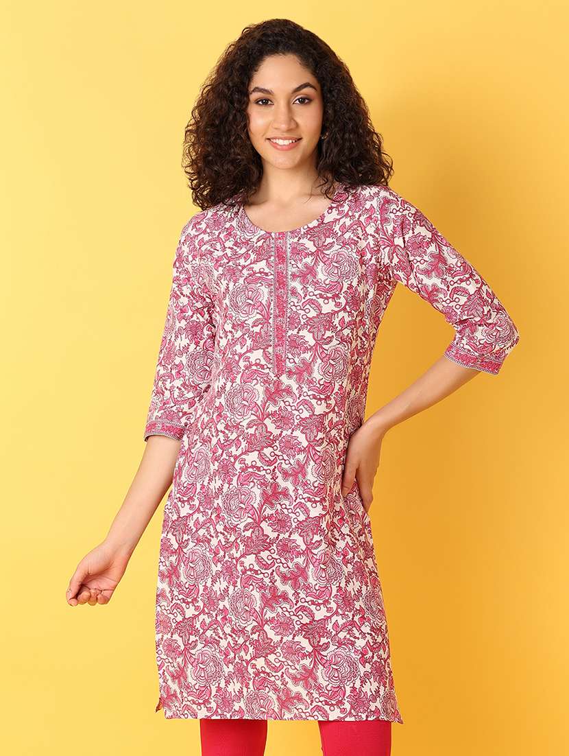 women floral printed three quarter sleeve straight kurta - 21608238 - Zoom Image - 0