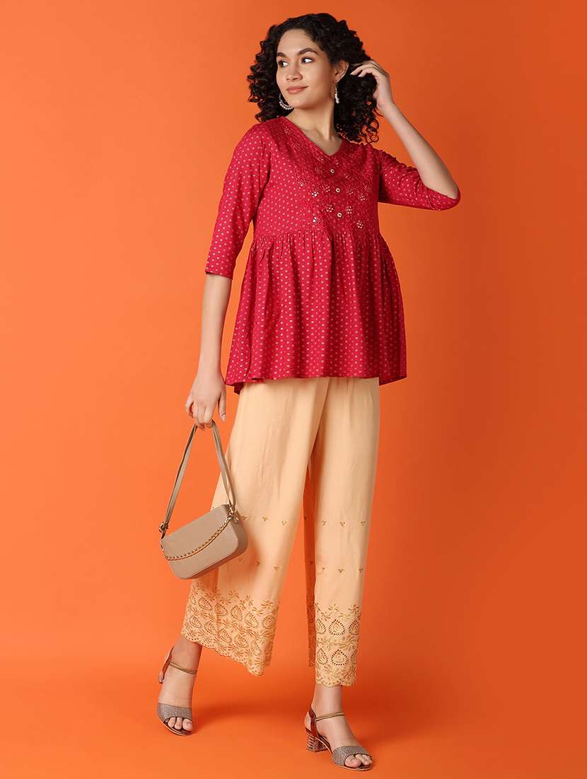 women magenta floral v neck flared kurti - 21608282 -  Standard Image - 3