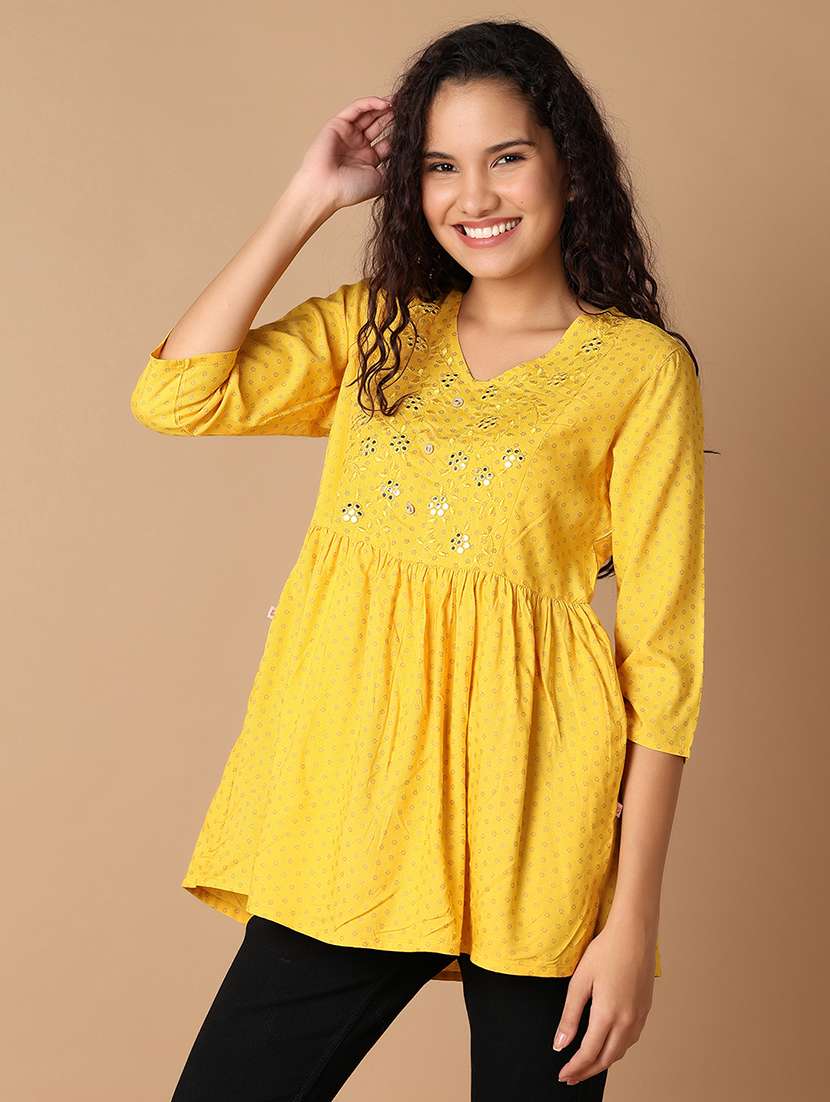 women yellow floral v neck flared kurti