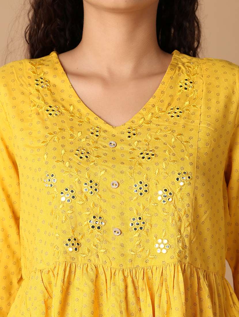 women yellow floral v neck flared kurti - 21608284 -  Standard Image - 5