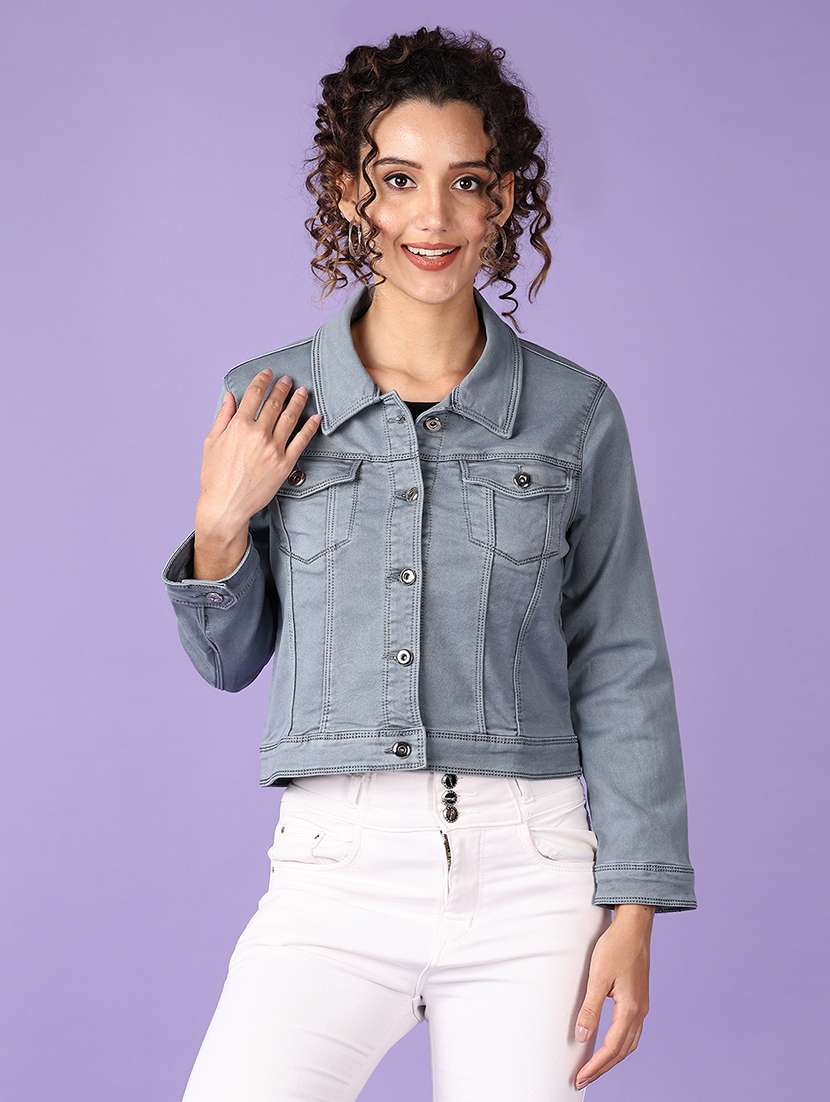 women solid long sleeve denim jacket - 21608366 -  Zoom Image - 0