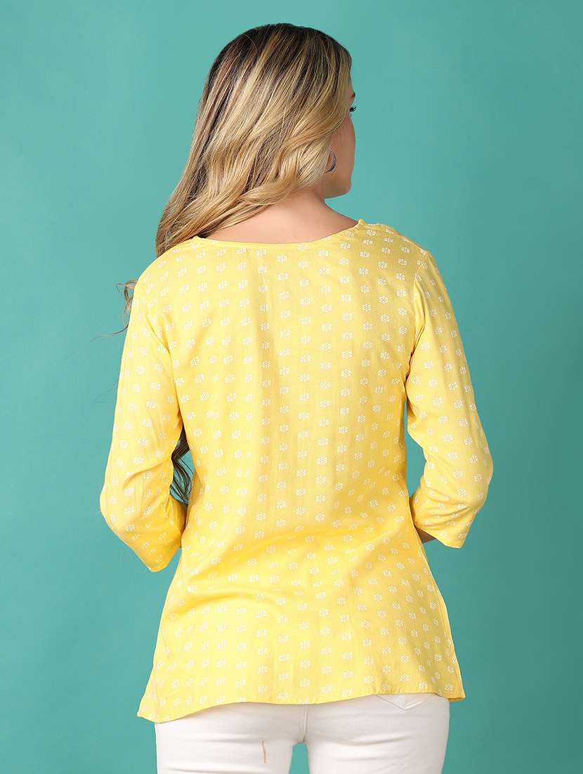 women yellow printed round neck straight kurti - 21608375 -  Standard Image - 3