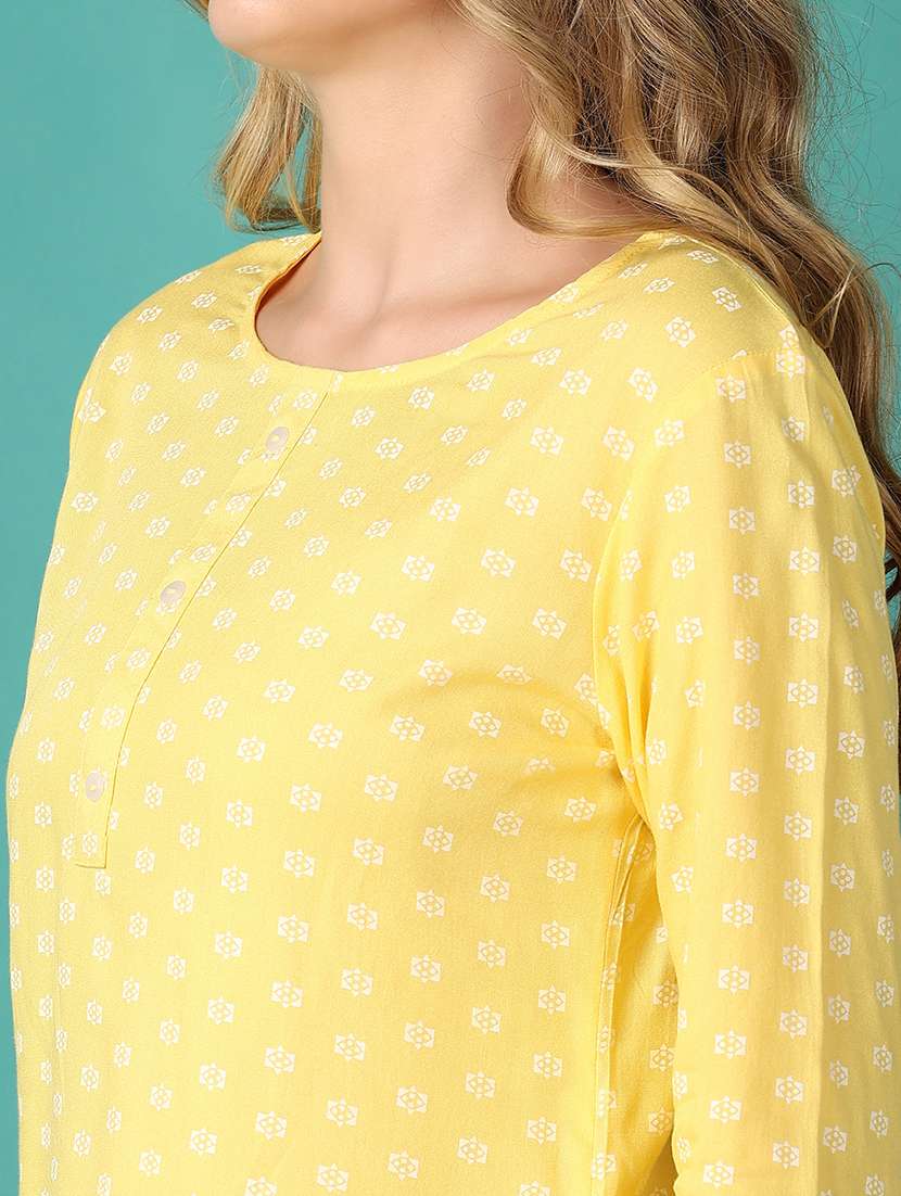 women yellow printed round neck straight kurti - 21608375 -  Standard Image - 5