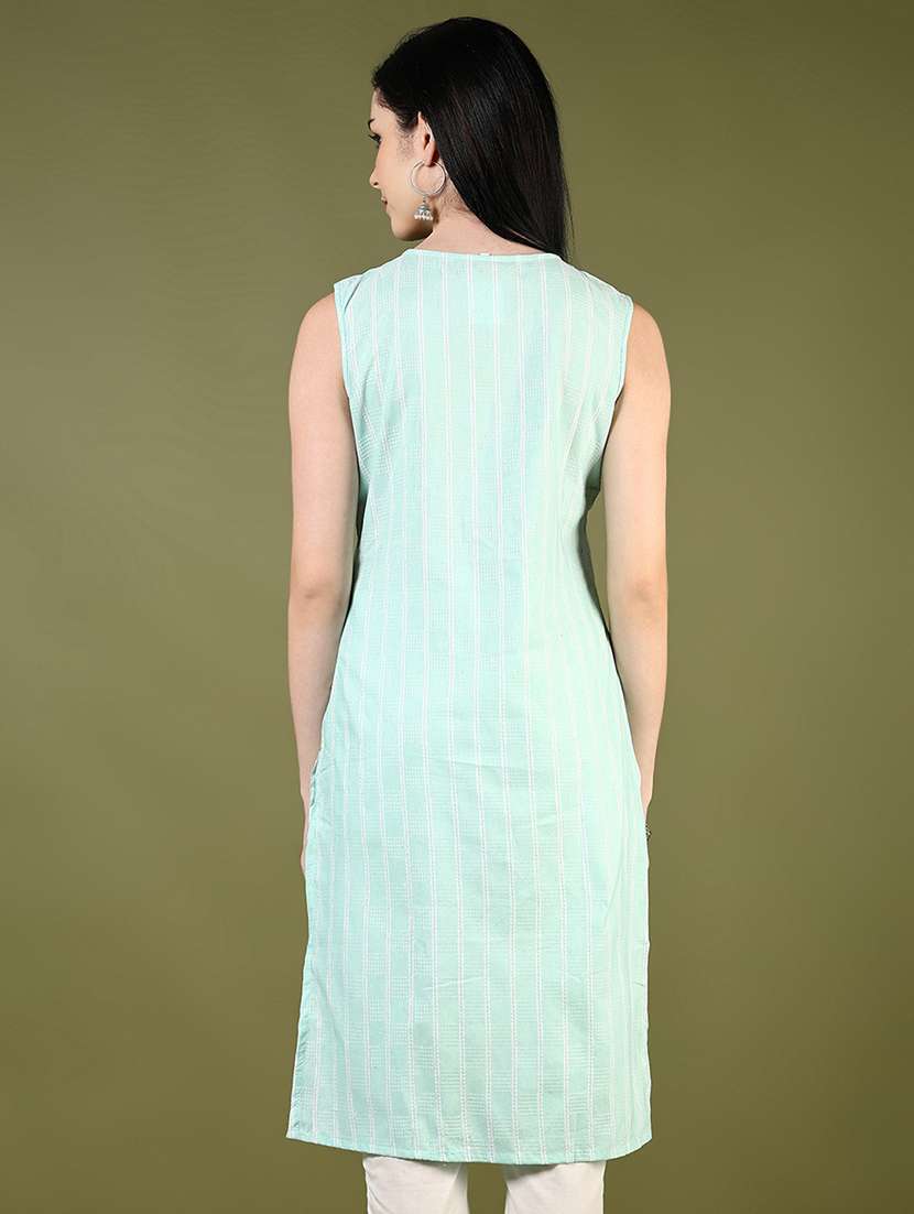 women striped tie-up neck sleeveless straight kurta - 21608790 - Standard Image - 3