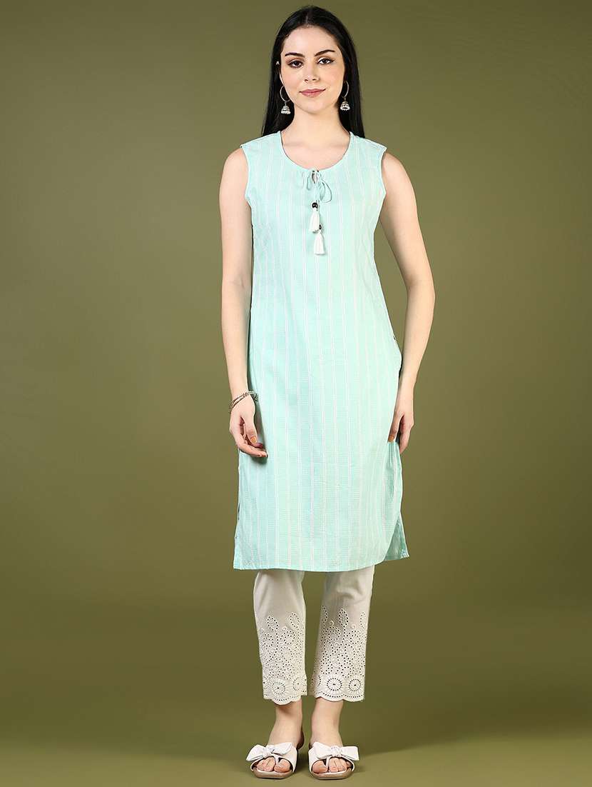 women striped tie-up neck sleeveless straight kurta - 21608790 - Standard Image - 5
