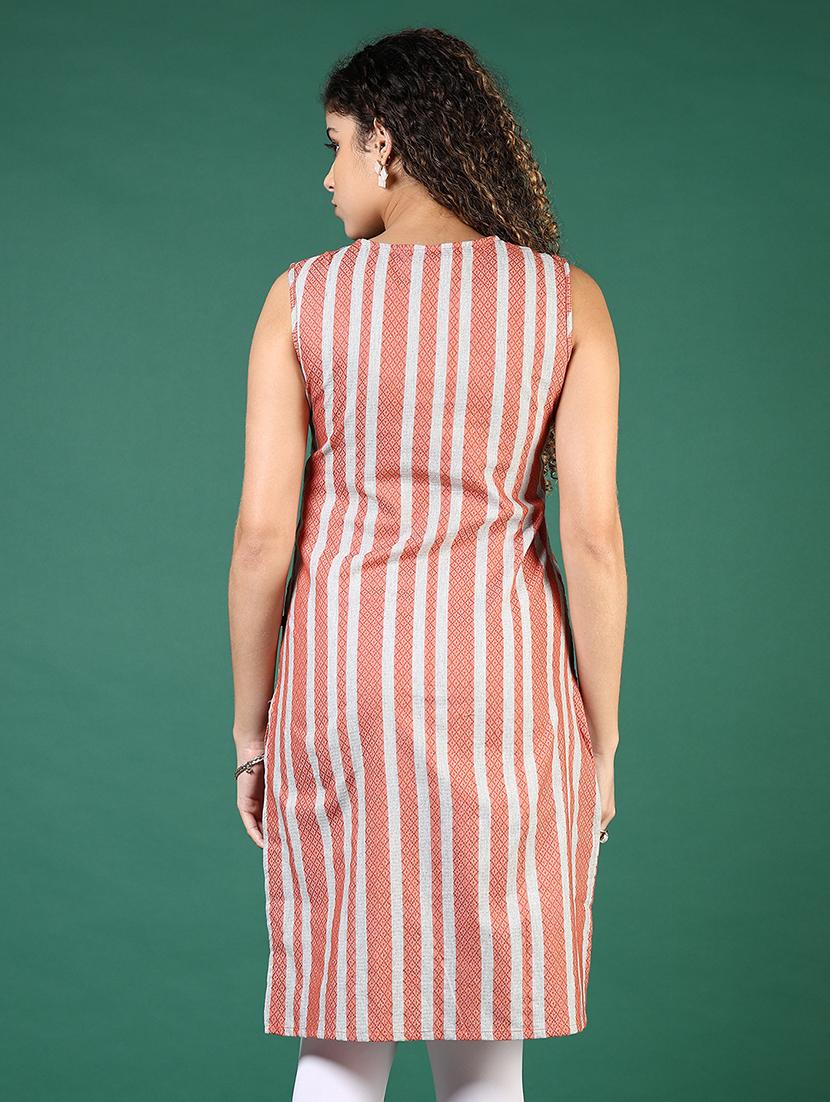 women striped tie-up neck sleeveless straight kurta - 21608792 - Standard Image - 3