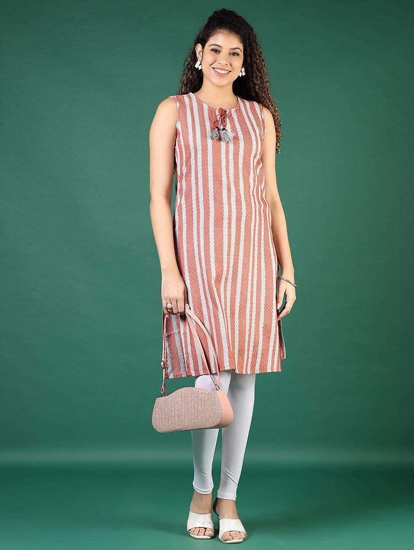 women striped tie-up neck sleeveless straight kurta - 21608792 - Standard Image - 5