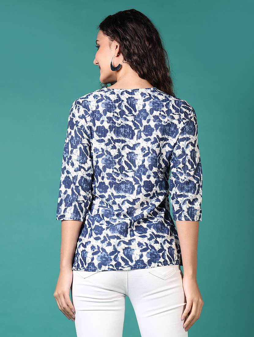 women blue printed round neck straight top - 21609254 -  Standard Image - 3