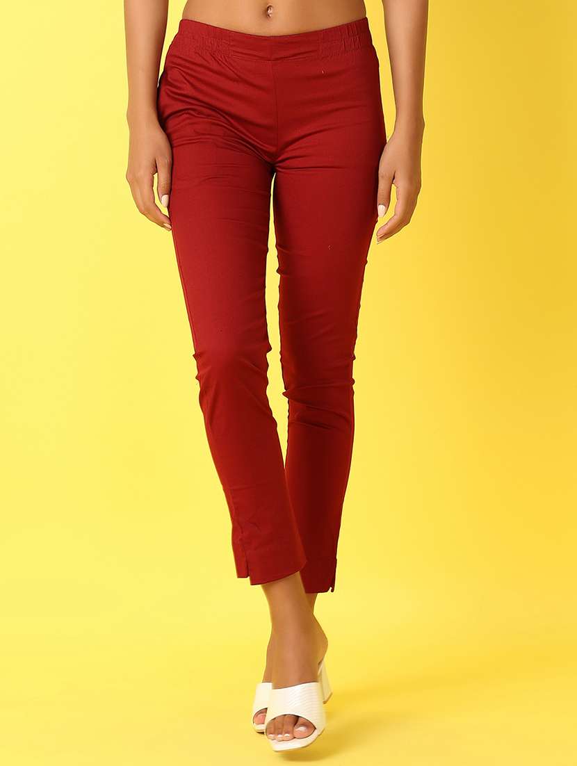 women solid mid rise slim fit tapered pant