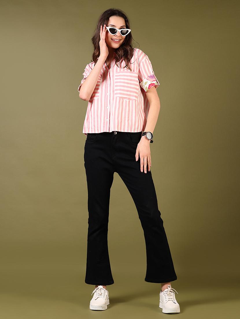 women short sleeves striped crop shirt - 21609617 - Standard Image - 3