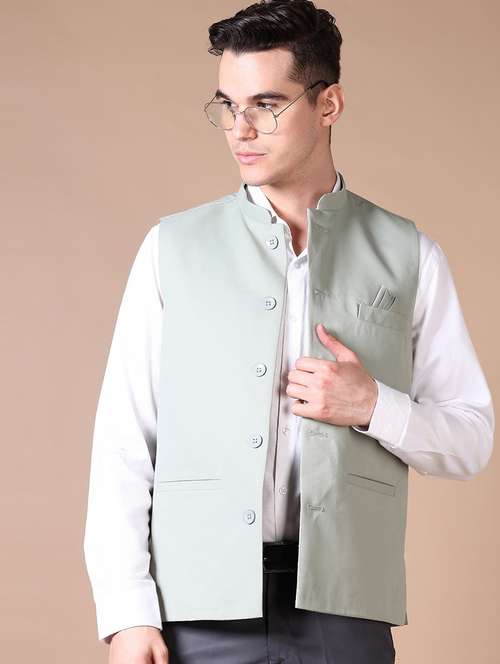 men solid mandarin collar sleeveless nehru jacket - 21610483 -  Standard Image - 0