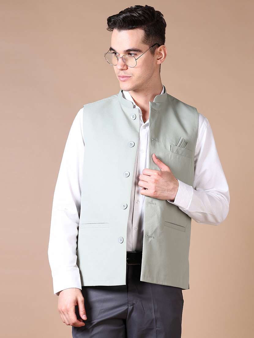 men solid mandarin collar sleeveless nehru jacket - 21610483 -  Standard Image - 5