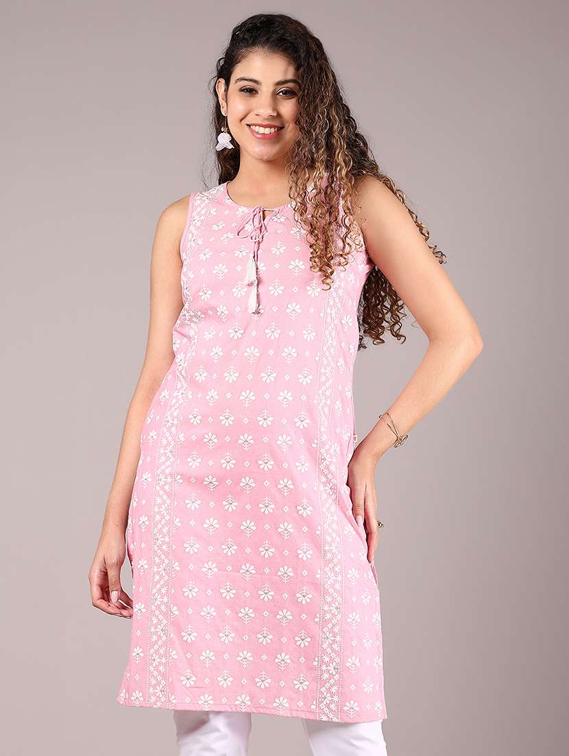 women pink printed sleeveless straight kurta - 21611047 - Zoom Image - 0