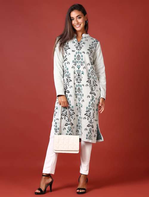 women self design long sleeve woolen kurta - 21611222 -  Standard Image - 0