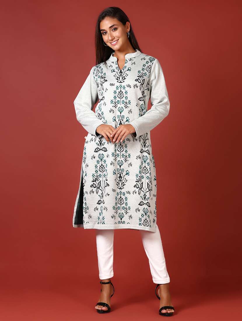 women self design long sleeve woolen kurta - 21611222 -  Standard Image - 3