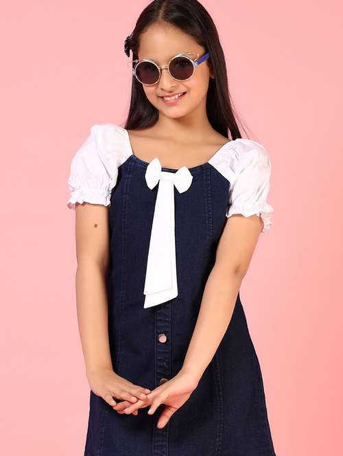 girls solid puff sleeeves denim a-line dress - 21611250 - Standard Image - 0