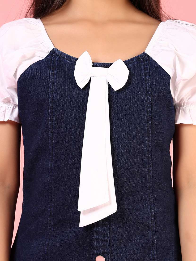 girls solid puff sleeeves denim a-line dress - 21611250 - Standard Image - 5