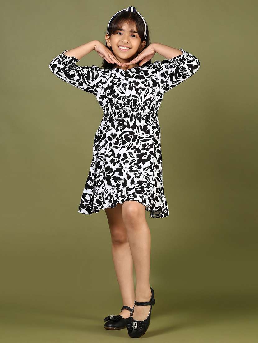 girls floral printed puff sleeves tiered dress